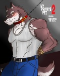 2013 abs anthro athletic belt biceps big_muscles biped black_nose blush bottomwear bound brown_body brown_fur bulge canid canine canis chain chain_leash clothing collar denim denim_bottomwear denim_clothing frown fur hentist hideo_katashi jeans leash looking_at_viewer male mammal muscular muscular_anthro muscular_male muscular_sub pants pecs robe shirt solo standing submissive submissive_male tail tank_top topwear vein white_body white_fur wolf