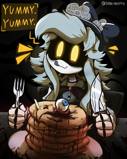 :3 black_background blood blood_on_knife blood_on_table blood_stain bodily_fluids bone bow_ribbon bow_tie button_(fastener) chair clothing cutlery earless eating eyeball female food fork furniture gore grey_body grey_hair grey_tongue hair hungry kitchen_utensils knife knife_and_fork licking licking_lips long_hair machine maid_headdress maid_uniform metal metallic_body nightmare_fuel noseless pancake pigtails plate screen screen_face segmented_body simple_background sitting smile solo table text tongue tongue_out tools twintails_(hairstyle) uniform unusual_anatomy white_body yellow_eyes diddlydooter1 glitch_productions murder_drones cyn_(murder_drones) eldritch_abomination humanoid robot robot_humanoid worker_drone 4:5 artist_name hi_res signature