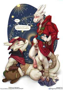 after_sex after_vaginal anthro balls bandage bandaged_foot bandaged_tail biped blue_eyes blush bodily_fluids bottomless bottomless_anthro bottomless_female bottomless_male breasts claws clothed clothing cum cum_from_vagina cum_in_vagina cum_inside cum_on_own_penis cum_on_penis cum_on_self cum_string duo erection female female_anthro finger_claws genital_fluids genitals hair hat headgear headwear horn kerchief knot lying male male/female male_anthro mouth_closed navel neckerchief neckwear nipples non-mammal_balls non-mammal_vulva on_back penis pink_eyes pink_vulva red_clothing red_hair red_penis red_robe robe smile smiling_at_another tail text toe_claws vulva white_balls white_body wizard_hat the_gentle_giant siffo kobold scalie 2026 absurd_res digital_media_(artwork) english_text hi_res