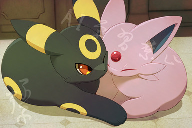 ambiguous_gender black_body black_fur duo eyes_closed feral fur kemono nuzzling on_ground one_eye_closed orange_eyes pink_body pink_fur hirochanu nintendo pokemon eeveelution espeon generation_2_pokemon pokemon_(species) umbreon 2026 3:2 distracting_watermark hi_res watermark