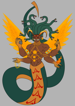 4_arms bracelet ear_piercing ear_ring fangs horn jewelry living_tail male multi_arm multi_limb muscular necklace piercing ring_piercing snake_tail solo tail teeth tusks unusual_anatomy unusual_tail wings rub_lug daeva humanoid monster reptile scalie snake taur absurd_res hi_res