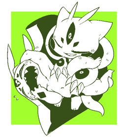3_eyes antennae_(anatomy) anthro black_sclera blush bodily_fluids claws duo eyes_closed fangs green_background hug looking_at_another male male/male multi_eye navel shota simple_background smile sweat tail teeth young young_anthro doneru a_(doneru) b_(doneru) alien green_and_white green_theme monochrome