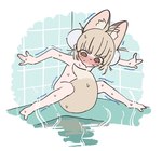 ahoge bath bathing blush bodily_fluids brown_eyes clinging convenient_censorship female hair hot_water light_body light_skin scared shaking solo straddling sweat tail tail_between_legs tail_censorship tan_ears tan_hair tan_tail tile trembling water young bouen nuka_(bouen) animal_humanoid canid canid_humanoid canine canine_humanoid fox_humanoid humanoid mammal mammal_humanoid