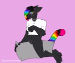 alternative_fashion anthro blush bodily_fluids bottomless breasts clothed clothing female fur genital_fluids genitals hair multicolored_hair multicolored_tail omorashi open_mouth partially_clothed pillow pussy rainbow rainbow_hair rainbow_tail scene_(fashion) simple_background smile solo sparklefur tail urine watersports wetting crescentcanine domestic_cat felid feline felis mammal 6:5 animated digital_media_(artwork) short_playtime