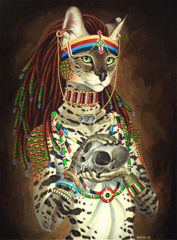 5_fingers bone bracelet breasts brown_body brown_fur brown_hair ear_piercing ear_ring female fingers fur gold_(metal) gold_jewelry green_eyes grey_body grey_fur hair holding_object jewelry looking_at_viewer markings piercing ring_piercing skull small_breasts smile solo spots spotted_body spotted_fur text whiskers white_body white_fur anisis felid feline mammal serval 2015 half-length_portrait portrait