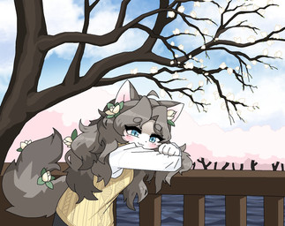 accessory anthro blue_eyes blush bottomwear brown_hair cherry_blossom cherry_tree clothed clothing cloud detailed_background female flower flower_in_hair freckled_face freckles fruit_tree fully_clothed hair hair_accessory head_on_arm lake leaning leaning_forward narrowed_eyes pants plant prunus_(flower) railing shirt sky skyscape solo standing sweater sweater_vest topwear tree vest white_clothing white_shirt white_topwear potatobud3 dahee domestic_cat felid feline felis mammal ragdoll_cat 2025 detailed digital_drawing_(artwork) digital_media_(artwork) hi_res shaded