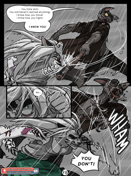 5_fingers anthro axe brown_nose clothed clothing female fingers green_eyes hair male melee_weapon open_mouth raining scar teeth text violence weapon white_hair yelling zummeng estella_(zummeng) evie_(zummeng) domestic_cat felid feline felis mammal pantherine tiger 2019 comic digital_media_(artwork) english_text hi_res