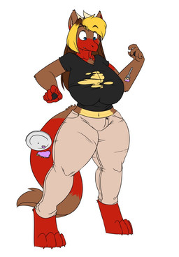 anthro barefoot black_clothing black_shirt black_topwear blonde_hair blue_eyes bottomwear breast_expansion breasts brown_body brown_fur clothing cutlery digitigrade expansion feet female fork fur hair kitchen_utensils looking_down pants plate red_body shirt simple_background solo species_transformation standing tail tools topwear torn_clothing transformation white_background robertge mythology canid dragon mammal mythological_creature mythological_scalie scalie 2015 digital_media_(artwork) hi_res