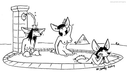 anthro bangs bathing biped breasts casual_nudity eyes_closed female female_anthro front_view fur group hair long_hair medium_breasts nipples nude nude_anthro nude_female outdoor_nudity outside pyramid short_hair social_nudity swimming_pool tail three-quarter_view trio water whiskers tegerio canid canine fennec_fox fox mammal true_fox 2024 black_and_white dated line_art monochrome signature