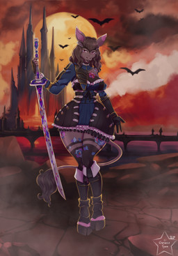 anthro castle clothing cosplay costume fantasy female heroine holidays katana melee_weapon moon night solo sword video_game_reference warrior weapon goshkatyan vs bloodstained:_ritual_of_the_night halloween miriam_(bloodstained) noelle_(alphaleader) slayer asinus bat donkey equid equine mammal absurd_res hi_res