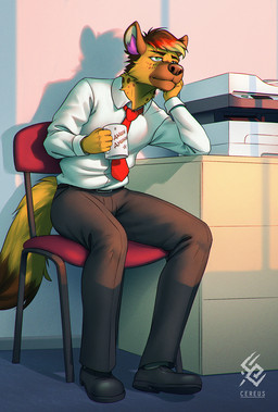 anthro black_clothing black_footwear black_shoes blonde_hair bottomwear bow_tie brown_bottomwear brown_clothing brown_hair brown_nose brown_pants brown_tail chair clothed clothing container cup facial_spots footwear front_view fur furniture green_eyes hair holding_container holding_cup holding_mug holding_object logo male male_anthro mouth_closed mug multicolored_hair narrowed_eyes on_chair pants printer red_bow_tie red_hair shoes sitting solo spotted_face spotted_neck tail text topwear white_clothing white_topwear yellow_body yellow_fur yellow_tail cereus93 hyena mammal artist_logo artist_name hi_res