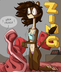 anthro bed bedding breasts brown_body brown_fur brown_hair brown_tail_tuft cleavage clothed clothing female fur furniture hair midriff navel nipple_outline panties pawpads pillow pink_pawpads shirt solo tail tail_tuft tank_top text topwear tuft underwear yellow_eyes daigaijin felid lion mammal pantherine 2026 english_text hi_res