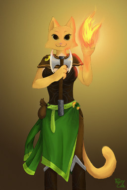anthro axe female fire magic melee_weapon solo tail weapon thierrycole bethesda_game_studios microsoft oblivion prequel_adventure the_elder_scrolls katia_managan felid khajiit mammal hi_res