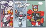 ambiguous_gender autobot blue_eyes crossed_arms dialogue hallway humor machine mask not_furry open_mouth simple_background size_difference standing text upset hamigakimomo hasbro takara_tomy transformers blaster_(transformer) chromedome rewind_(transformer) cybertronian humanoid living_machine robot 2019 comic digital_media_(artwork) english_text