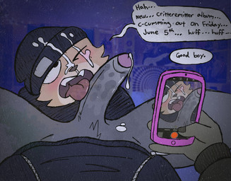 anthro beanie black_beanie black_clothing black_hat black_headwear black_hoodie black_shirt black_t-shirt black_topwear blush bodily_fluids cellphone clothing cum cum_drip cum_on_face cum_on_hat cum_on_self dripping duo electronics erection first_person_view fur genital_fluids genitals good_boy grey_body grey_fur gynomorph hat headgear headwear holding_cellphone holding_object holding_phone holding_smartphone hoodie humanoid_genitalia humanoid_hands humanoid_penis intersex licking looking_pleasured male one_eye_closed oral pantsless_anthro pantsless_gynomorph penile penis penis_lick phone photo_background recording_sex recording_video saliva saliva_on_penis sex shirt smartphone speech_bubble spread_legs spreading t-shirt tan_body tan_fur text tongue tongue_out topwear critteremitter apple_inc. iphone critter_(critteremitter) travis_(critteremitter) canid canine canis domestic_dog mammal mouse murid murine rodent absurd_res digital_media_(artwork) digital_painting_(artwork) english_description english_text hi_res mixed_media painting_(artwork) photography_(artwork) traditional_media_(artwork) trans_(lore) trans_woman_(lore)