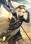 ambiguous_gender belt blonde_hair desert dirt green_eyes hair holding_object holding_staff looking_at_viewer outside smile solo staff young nokke_o arknights hypergryph studio_montagne suzuran_(arknights) animal_humanoid canid canid_humanoid humanoid mammal mammal_humanoid 2021 female_(lore)