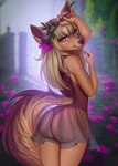 anthro blonde_hair brown_body brown_fur butt clothed clothing femboy flower fur hair leotard long_hair looking_at_viewer male outside plant purple_eyes rose_(flower) smile solo standing adorableinall zera_(zerarick) canid canine canis jackal mammal digital_media_(artwork) hi_res shaded