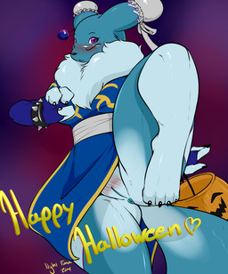 2014 alternate_color anthro anus blue_fur blush bucket canine chest_tuft chun-li clothed clothing cosplay costume digimon digital_media_(artwork) english_text female fox fur haley_(nightfaux) halloween holidays mammal nightfaux pom_antenna pumpkin purple_eyes pussy pussy_blush raised_leg renamon solo standing street_fighter text tuft video_games 

Rating: Explicit 
Score: 24 
User: Mienshao 
Date: October 29, 2014