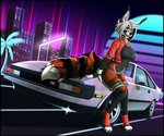 2020 anthro black_nose building canid canine canis car clothed clothing detailed_background digital_media_(artwork) female fox fur gradient hair mammal multicolored_body multicolored_fur open_mouth palm_tree plant skyscraper smile solo synthwave tales_foxdale teeth tongue toyota toyota_celica_supra tree vehicle white_hair