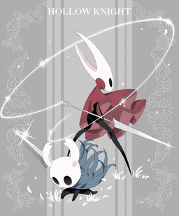 2_horns ambiguous_gender biped black_body black_eyes cloak clothing duo holding_melee_weapon holding_object holding_weapon hollow_eyes horn melee_weapon nail_(weapon) pose standing text thread weapon white_text arizuka00 hollow_knight team_cherry hornet_(hollow_knight) the_knight_(hollow_knight) arthropod vessel_(species) 2021 english_text hi_res half_sister_(lore) sibling_(lore) sister_(lore)
