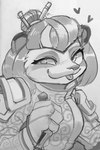 accessory anthro armor bear blep blizzard_entertainment burnbuckie clothing female grey_background hair hair_accessory hair_bun heart_symbol hi_res holding_object mammal monochrome pandaren shoulder_pads simple_background solo tongue tongue_out topwear warcraft