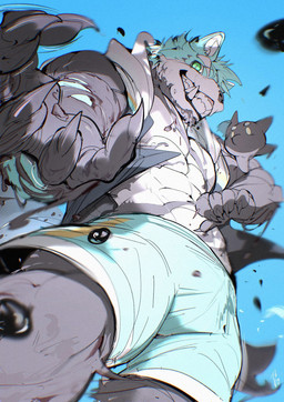 5_fingers abs ambiguous_gender anthro biped black_body bottomwear claws clothed clothed_anthro clothed_male clothing duo eyebrows finger_claws fingers foreshortening fur green_background green_eyes gums hoodie looking_at_viewer looking_down looking_down_at_viewer low-angle_view male motion_lines muscular muscular_anthro muscular_male open_clothing open_hoodie open_topwear pupils ringed_iris shorts simple_background slit_pupils smile smiling_at_viewer snout teal_body teal_bottomwear teal_clothing teal_fur teal_shorts teeth toothy_grin topwear white_body white_clothing white_eyebrows white_fur white_hoodie white_inner_ear white_pupils white_sclera white_topwear chiayeeee canid goo_creature mammal 2026 chromatic_aberration digital_drawing_(artwork) digital_media_(artwork) hi_res portrait signature three-quarter_portrait
