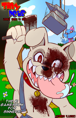 anthro anvil axe blood blood_stain bodily_fluids bow_(feature) bow_accessory clothing cloud collar dress duo ear_bow female flower grass holidays male melee_weapon open_mouth overalls plant red_eyes rock rope saliva shrub sky teeth text tongue tongue_out tree weapon viroveteruscy april_fools'_day tiny_pets canid canine canis domestic_cat domestic_dog felid feline felis mammal 2021 absurd_res english_text hi_res