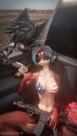 5_fingers anthro ar-15 band-aid band-aid_on_face bandage bandage_on_face beer_bottle bikini black_hair bottle breasts brown_body brown_fur clothed clothing container day duo eyewear fangs female fingers flag_bikini fur gun hair highlights_(coloring) male navel outside ranged_weapon rifle sitting smile sunglasses swimwear tattoo teeth topless topless_male truck truck_bed two-piece_swimsuit vehicle weapon maxkore budweiser jake_(maxkore) karlie_manara canid canine canis jackal mammal mustelid otter 2025 3d_(artwork) 9:16 digital_media_(artwork) signature