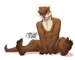 anthro big_glasses brown_body brown_fur covering covering_crotch eyewear feet fur glasses hands_between_legs head_tilt looking_at_viewer male nipples nude pose simple_background smile solo spread_legs spreading tail text white_background senor_nutria sami_(rudderbutts) asian_small-clawed_otter mammal mustelid otter 2023 digital_media_(artwork) hi_res pinup signature