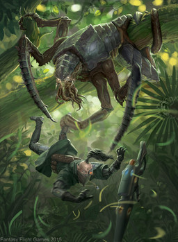ambiguous_gender armor claws clothing duo exoskeleton forest gloves green_clothing grey_body grey_exoskeleton gun hair handwear holding_character humanoid_pointy_ears jewelry jungle leaf leg_grab male outside pauldron pendant plant pointy_ears ponytail ranged_weapon surprised tail tentacle_mouth tentacles tree weapon hokunin fantasy_flight_games warhammer_(franchise) warhammer_40000 aeldari alien elf humanoid lictor_(tyranid) tyranid 2016 digital_media_(artwork) hi_res official_art