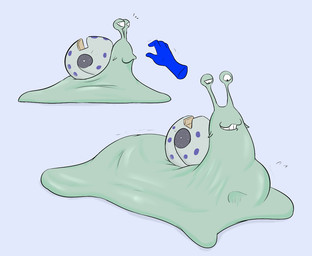 ambiguous_gender apode blue_body disembodied_hand duo eyestalks feral grey_body legless mostly_offscreen_character shell simple_background smile soft_vore teeth unwilling_prey vore da~blueguy one_piece den_den_mushi gastropod mollusk snail 2024