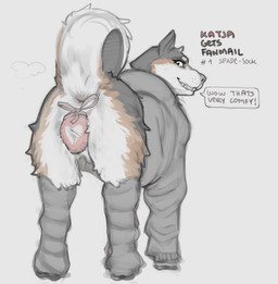 anal_only animal_genitalia animal_vulva anus anus_only butt canine_genitalia canine_vulva clothed clothed_feral clothing dialogue female feral genitals hoodie leg_warmers legwear musk musk_cloud musky_pussy necktie presenting presenting_hindquarters raised_tail simple_background slightly_chubby solo spade_bulge sweatshirt tail topwear white_background syn-6 katya_(syn-6) canid canine canis domestic_dog husky hybrid mammal nordic_sled_dog spitz wolf