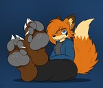 4_toes anthro bangs bottomwear brown_body brown_fur clothing feet foot_fetish foot_focus fur humanoid_feet male orange_body orange_fur pants pawpads paws plantigrade sitting soles solo toes topwear electricsnowfox canid canine fox mammal alternate_version_at_source hi_res