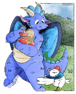 2_horns ambiguous_gender anthro blue_body blue_scales cheek_bulge dragon_fruit duo eating eating_food eating_fruit feral food front_view fruit grass head_spikes holding_food holding_fruit holding_object horn kerchief looking_down looking_down_at_another neckerchief neckwear nude_ambiguous nude_anthro outside plant scales spiked_tail spikes spikes_(anatomy) standing tail tan_body tan_scales tapering_tail text ventral_scales wings fluffylilllama mythology steam_(software) valve steam_sale_chicken steam_sale_dragon avian bird chicken dragon galliform mythological_creature mythological_scalie phasianid scalie artist_name digital_drawing_(artwork) digital_media_(artwork) hi_res