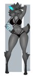 4_toes 5_fingers abstract_background anthro arm_tuft bikini black_lips black_nose blue_eyes breasts calf_tuft cleavage clothed clothing digitigrade elbow_tuft eyelashes fangs feet female fingers fur gloves_(marking) glowing glowing_ears grey_body grey_fur grey_hair hair hand_on_hip leg_tuft lips long_hair looking_at_viewer markings navel neck_tuft smile solo standing swimwear teeth toes tuft two-piece_swimsuit wide_hips hiddenwolf stella_asher canid canine canis mammal wolf hi_res signature