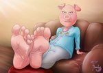 5_toes anthro barefoot clothed clothing domestic_pig feet female fharalys foot_fetish foot_focus furniture green_eyes hi_res humanoid_feet illumination_entertainment mammal plantigrade rosita_(sing) sing_(movie) sofa soles solo suid suina sus_(pig) toes wrinkled_feet wrinkles