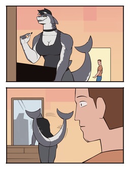 5_fingers anthro applying_makeup black_body black_bottomwear black_choker black_clothing black_eyebrows black_hair black_jewelry black_necklace black_pants black_sclera black_shirt black_tank_top black_topwear blue_bottomwear blue_clothing bottomless bottomwear brown_clothing brown_hair brown_shirt brown_topwear censor_bar choker closed_smile clothed clothed_anthro clothed_gynomorph clothed_male clothing countershade_arms countershade_face countershade_hands countershade_tail countershade_torso countershading duo eyebrows facial_piercing fangs fingers fish_tail front_view gills grey_body grey_countershading gynomorph hair holding_lipstick holding_object inside intersex jewelry leaning_on_furniture lip_piercing lipstick looking_at_another looking_at_mirror looking_at_object makeup male mirror motion_lines mouth_closed neck_gills necklace pants personal_grooming piercing pupils rear_view shirt shirt_only side_view slit_pupils small_comic smile tail tail_motion tailwag tank_top tank_top_only teeth thin_eyebrows toothy_grin topwear topwear_only white_hair white_sclera yellow_eyes bonnymama7 shark_lady_(bonnymama7) aquatic fish human mammal shark 2025 absurd_res comic digital_drawing_(artwork) digital_media_(artwork) first_page hi_res portrait three-quarter_portrait
