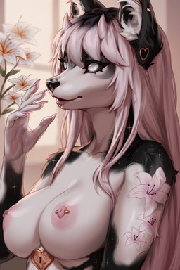anthro areola barbell_piercing black_body black_fur breasts claws ear_piercing ear_tuft eyelashes female flower fur hair horn lock long_eyelashes nipple_dip nipple_piercing nipples nude nude_anthro nude_female open_mouth padlock pawpads piercing pink_hair plant solo sparkles tuft tunnel_piercing white_body white_fur siriussly canid canine fox mammal 2:3 hi_res portrait sketch