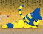 2022 animal_crossing ankha_(animal_crossing) anthro bigdon1992 bodily_fluids butt cum cum_in_hair cum_on_butt cum_on_leg digital_media_(artwork) domestic_cat duo felid feline felis female genital_fluids genitals hair humanoid_genitalia humanoid_penis lying male mammal mostly_offscreen_character nintendo on_front penis solo_focus