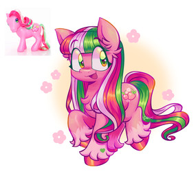 2000s_theme bangs big_eyes chibi cutie_mark female feral flower fur hair heart_(marking) hooves markings multicolored_hair multicolored_tail open_mouth open_smile pink_body pink_fur plant smile solo tail sidruni hasbro mlp_g3 my_little_pony berries_n_cherries_(mlp) earth_pony equid equine horse mammal pony hi_res