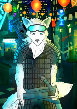 anthro armor blue_eyes city clothed clothing eyewear fully_clothed fur goggles group gun katana lamp lantern looking_at_viewer machine male market melee_weapon night outside pose ranged_weapon sash solo_focus standing sword weapon white_body white_fur pankallisti arctic_fox canid canine fox mammal robot true_fox 2016 hi_res