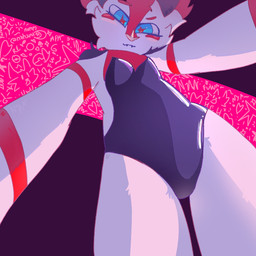 anthro blue_eyes breasts bunny_costume clothing costume dominant female fur latex latex_clothing red_body red_fur solo standing white_body white_fur unknown_artist bat canid canine canis hybrid mammal wolf wolfdog 1:1