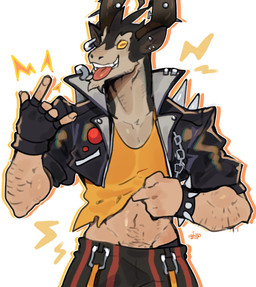 abs alternative_fashion anthro bracelet clothed clothing clothing_lift ear_piercing ear_ring horn jewelry male piercing punk ring_piercing shirt shirt_lift solo spiked_bracelet spikes t-shirt topwear graysheartart deadlock_(game) valve billy_(deadlock) bovid caprine goat mammal absurd_res hi_res