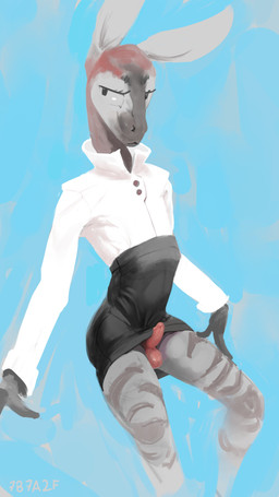 anthro balls biped bottomwear clothed clothed_anthro clothed_male clothing erection femboy genitals half-closed_eyes humanoid_genitalia humanoid_penis long_ears male male_anthro narrowed_eyes penis simple_background sitting skirt small_penis solo text textured_background 7b7a2f giraffid mammal okapi 2023 4k 9:16 absurd_res artist_name digital_media_(artwork) digital_painting_(artwork) hi_res painting_(artwork)