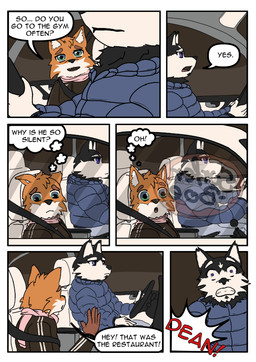anthro book car clothe dating dialogue duo flirting male male/male romantic vehicle sagilmito canid canine canis domestic_dog fox husky mammal nordic_sled_dog spitz absurd_res comic hi_res