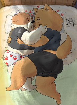 anthro bed bedroom big_butt bottomwear butt clothing duo eyes_closed furniture heart_symbol hug kiss_on_lips kissing male male/male obese on_bed overweight pillow shorts size_difference slightly_chubby tail thick_thighs wide_hips ugly-rat15508 dogs_in_space netflix jerry_(dogs_in_space) loaf_(dogs_in_space) bulldog canid canine canis chow_chow domestic_dog mammal mastiff molosser spitz hi_res