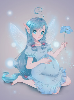 2_toes accessory arms_bent barefoot belly bent_legs big_belly blue_clothing blue_dress blue_ear_piercing blue_eyebrows blue_eyes blue_fingernails blue_flower blue_hair blue_nails blue_pupils blush braided_hair closed_smile clothed clothed_female clothed_humanoid clothing colored_nails dress ear_piercing eyebrow_through_hair eyebrows eyelashes eyelashes_through_hair feet female female_humanoid fingernails flower grey_background grey_wings hair hair_accessory hair_tie hand_on_belly hand_on_own_belly holding_flower holding_object humanoid_pointy_ears insect_wings jewelry light long_hair mouth_closed nails necklace not_furry piercing plant pointy_ears pregnant pregnant_female pregnant_humanoid pupils red_hair_tie simple_background sitting smile solo toes translucent translucent_hair wings black_kitty nintendo ocarina_of_time the_legend_of_zelda navi fairy humanoid winged_humanoid 2018 colored digital_drawing_(artwork) digital_media_(artwork) english_description hi_res lighting shaded