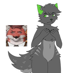anthro duo fur green_ears green_eyes grey_body grey_fur grey_hair hair humor looking_back male scared simple_background danihuwu echo_(series) echo_project the_smoke_room murdoch_byrnes spirit_shadow canid canine canis fox mammal wolf 1:1 hi_res meme