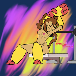 anthro armor bench bench_press boots breasts brown_body brown_eyebrows brown_hair brown_tail cat_tail clothed clothing exercise_equipment eyebrows eyewear eyewear_on_head female footwear fur gauntlets gloves goggles hair handwear headgear headwear medium_breasts navel nipples partially_clothed pink_nipples shoes simple_background sitting smile solo stretching tail whiskers yellow_boots yellow_clothing yellow_eyewear yellow_footwear yellow_gauntlets yellow_goggles yellow_headgear yellow_headwear spicysoda gameoverse glitch_productions kit_bodega domestic_cat felid feline felis mammal 1:1 2026 alpha_channel digital_media_(artwork) watermark