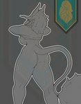 bodily_fluids bottomless breasts butt clothed clothing female horn long_tail looking_at_viewer simple_background smug sweat tail thick_thighs goatykai sergal absurd_res hi_res huge_filesize monochrome